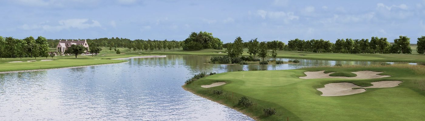 The National Lakes Course, klubitalo ja vihreä lammen rannalla